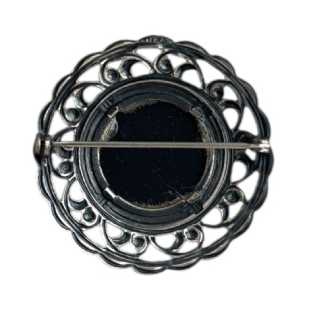 Vintage Sterling Silver Brooch Pin Onyx Black Stone Ornate Scrolled Filigree - Picture 5 of 15